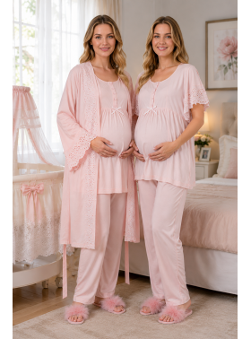 RİMEL Pudra Kısa Kollu Dantelli Lohusa Pijama Takım Sabahlık 33011